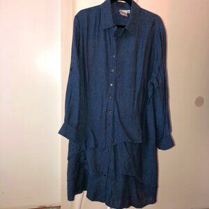 FINLEY 100% LINEN JENNA RUFFLED SHIRT DRESS BLUE LAGENLOOK 2X